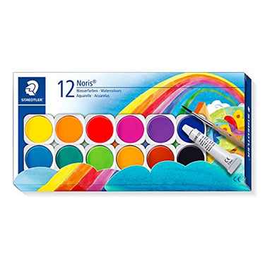 STAEDTLER Farbkasten Noris Club, leicht mischbare Wasserfarben, hohe Farbbrillanz, hervorragende Deckkraft, Set aus 12 auswechselbaren Farbtöpfchen, 1 Tube Deckweiß und 1 Pinsel, 888 NC12 im Sale